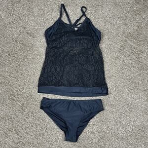 Women's Solid Black Bralette Tankini & Bikini Bottoms Set Medium NWOT Mesh